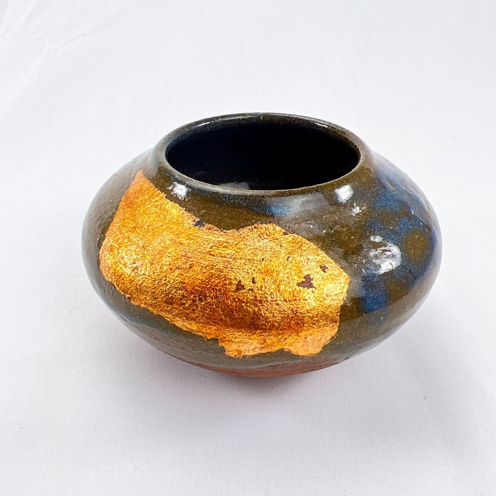 Artisan Studio Hand Thrown Signed Pottery Bowl Small Green Blue Gold Art Glazed